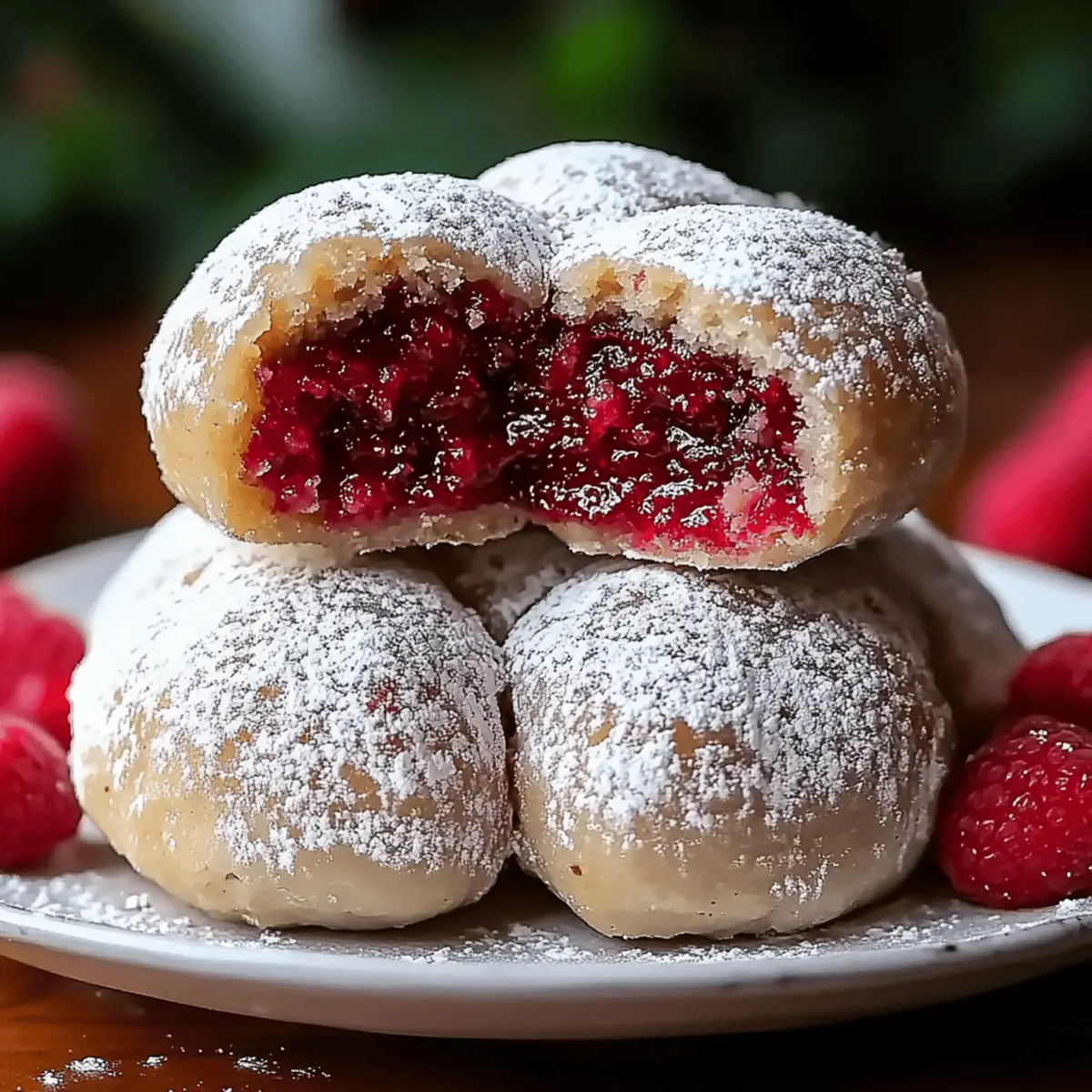 Raspberry Filled Almond Snowball Cookies