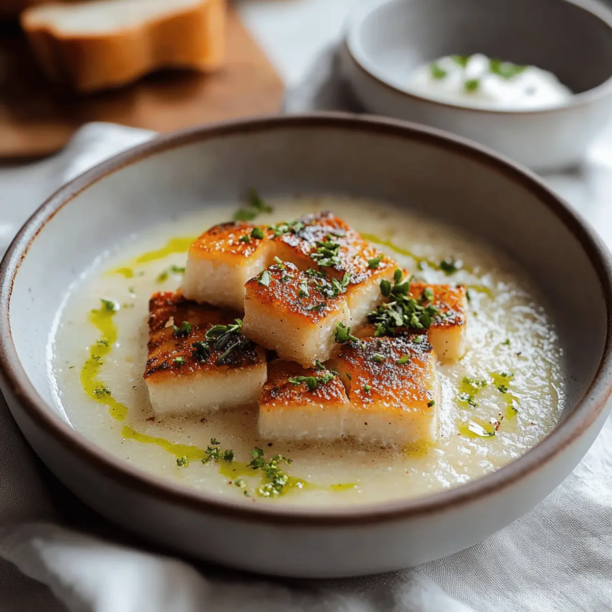 Roasted Garlic Potato Soup with Grilled Cheese Croutons