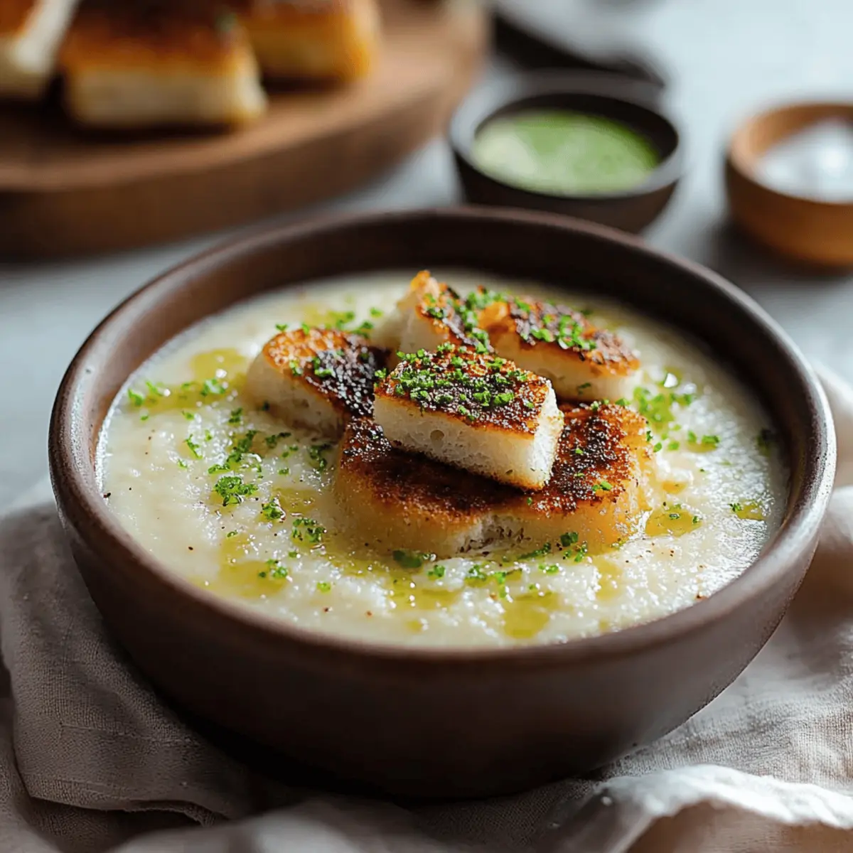 Roasted Garlic Potato Soup with Grilled Cheese Croutons