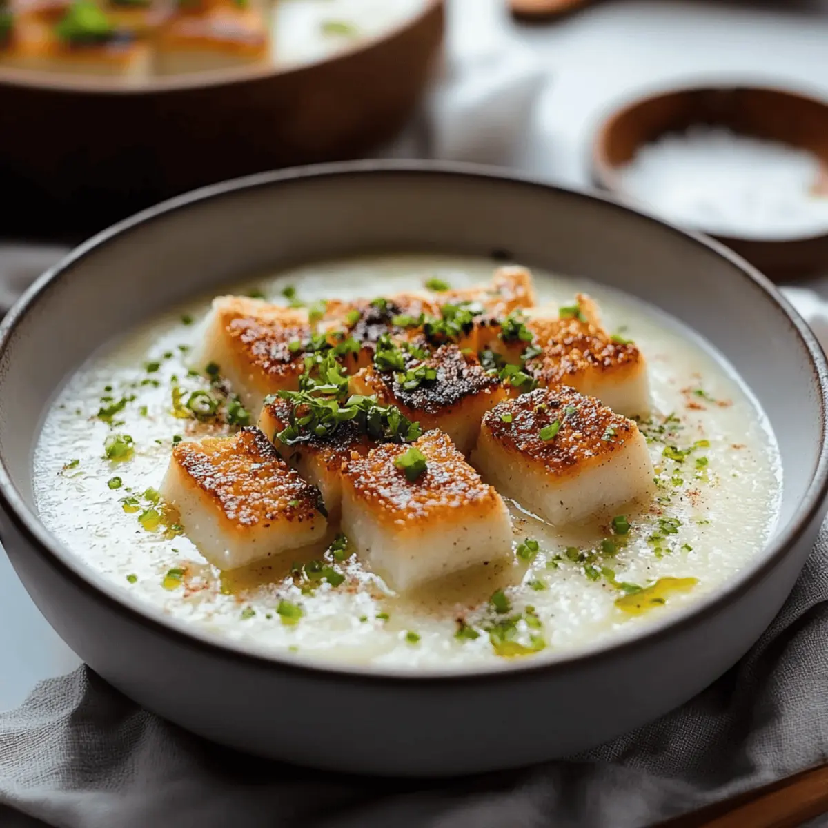 Roasted Garlic Potato Soup with Grilled Cheese Croutons