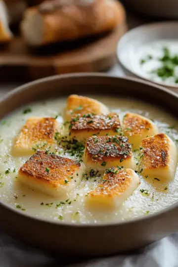 Roasted Garlic Potato Soup with Grilled Cheese Croutons
