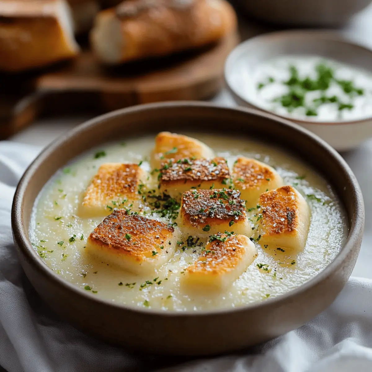 Roasted Garlic Potato Soup with Grilled Cheese Croutons