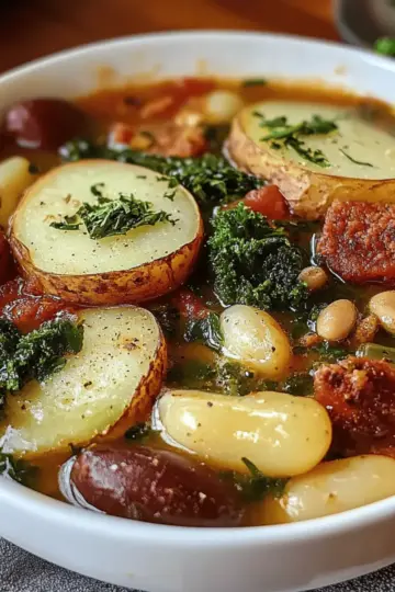 Hearty Sausage Soup with Potatoes, Beans, and Kale