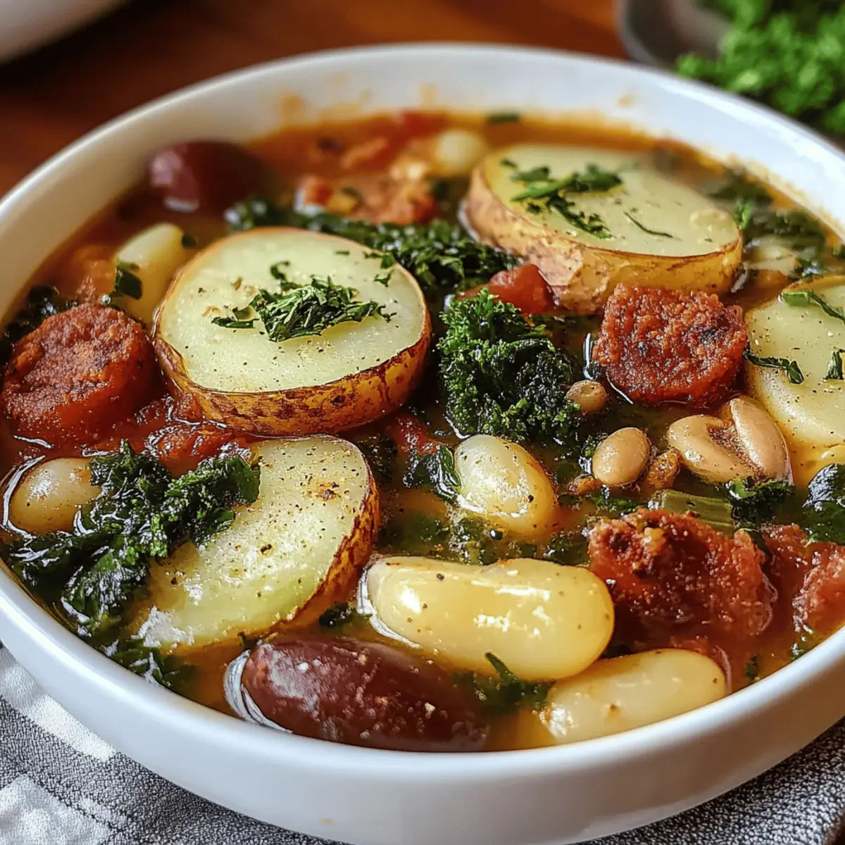 Hearty Sausage Soup with Potatoes, Beans, and Kale