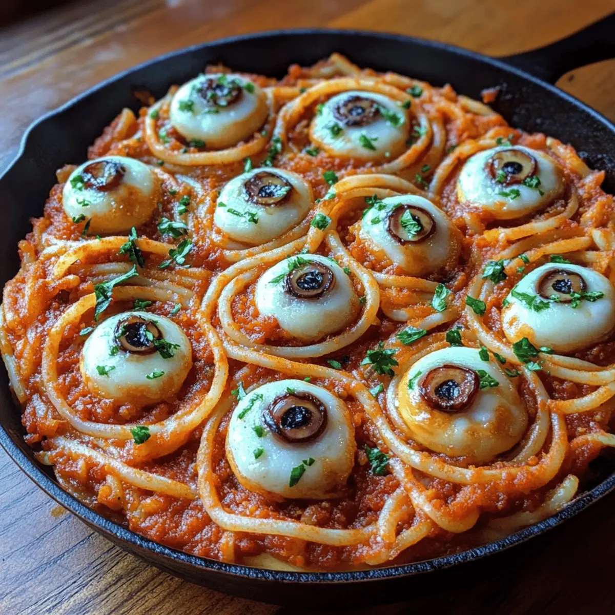 Bloody Spaghetti with Mozzarella Eyeballs
