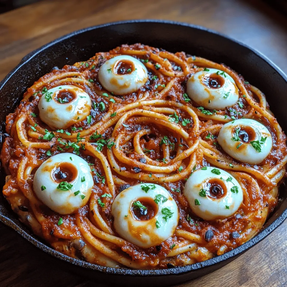 Bloody Spaghetti with Mozzarella Eyeballs