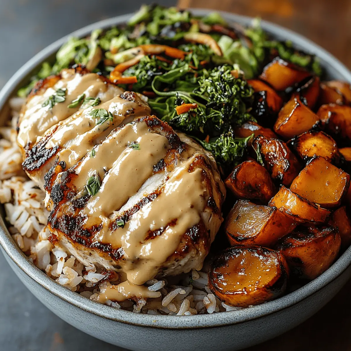 Maple Dijon Chicken & Roasted Sweet Potato Bowls