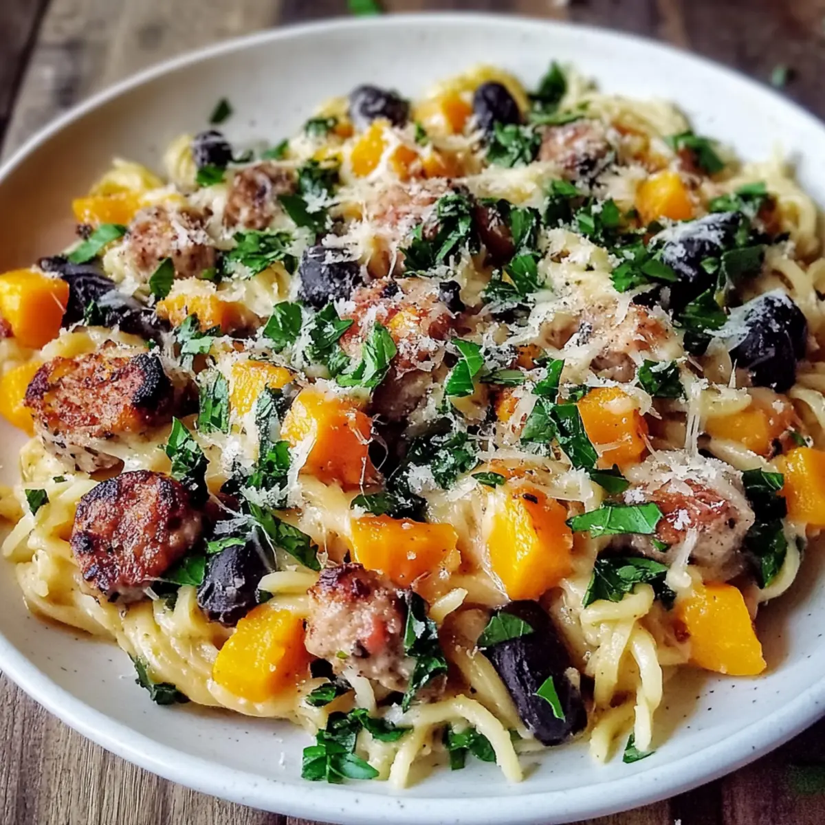 Butternut Squash and Black Bean Orzo with Sausage and Spinach