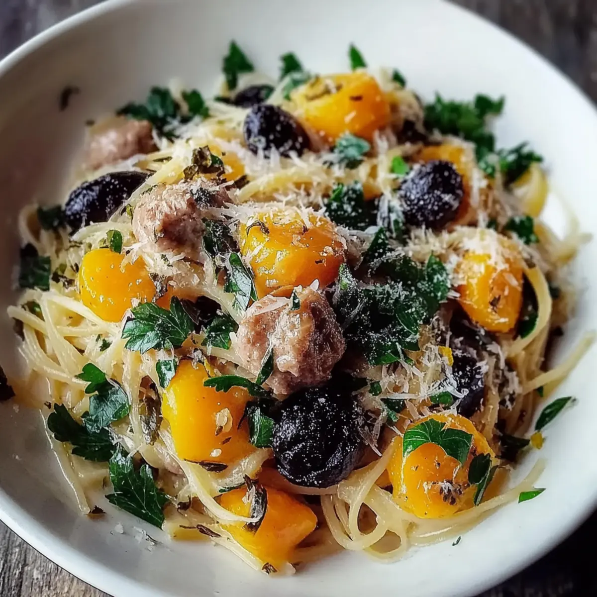 Butternut Squash and Black Bean Orzo with Sausage and Spinach