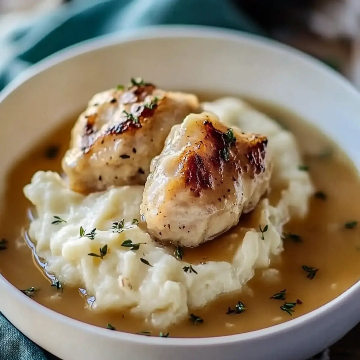 Chicken and Garlic Gravy with Cheesy Mashed Potatoes