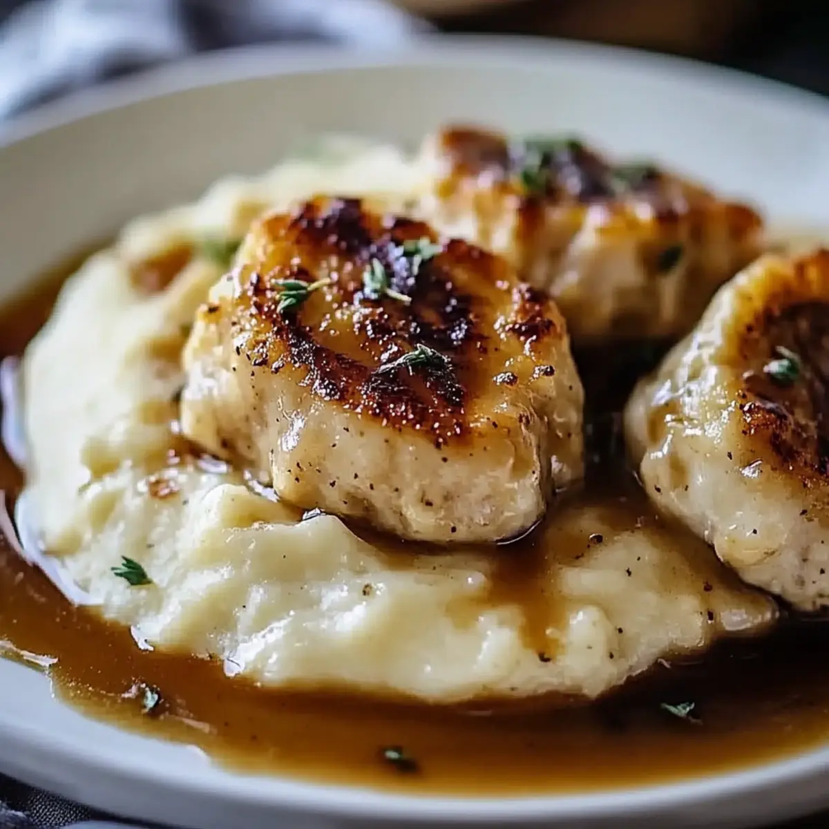Chicken and Garlic Gravy with Cheesy Mashed Potatoes
