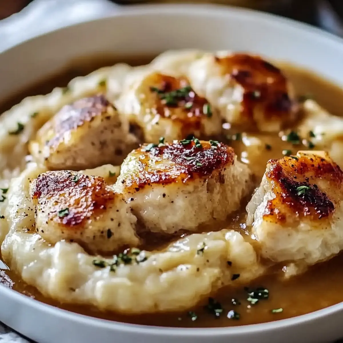 Chicken and Garlic Gravy with Cheesy Mashed Potatoes