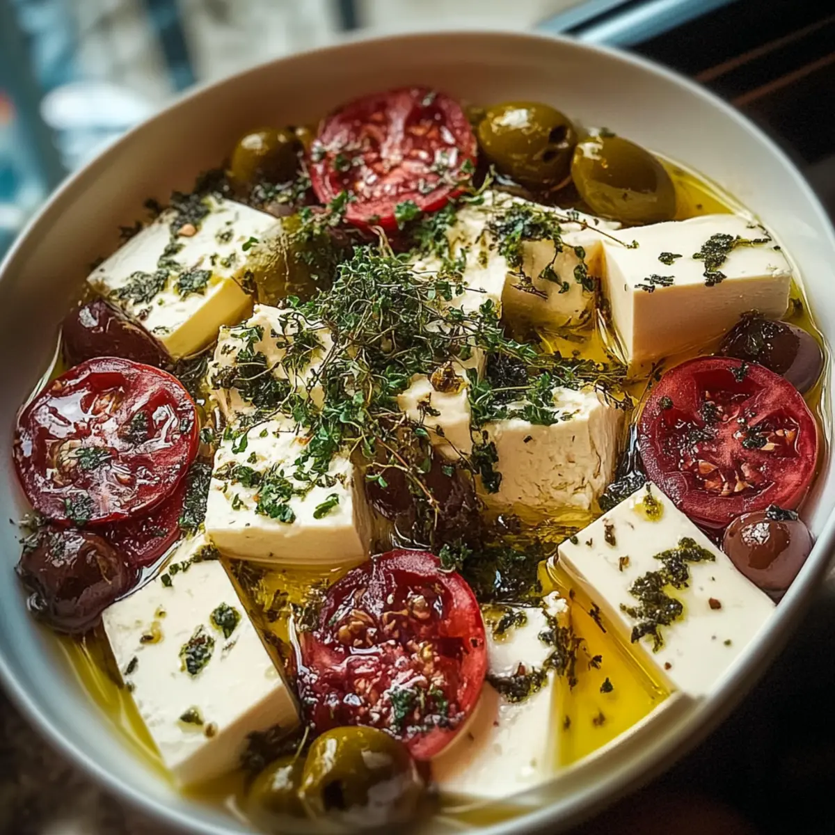 Marinated Cheese Appetizer with Salami & Green Olives
