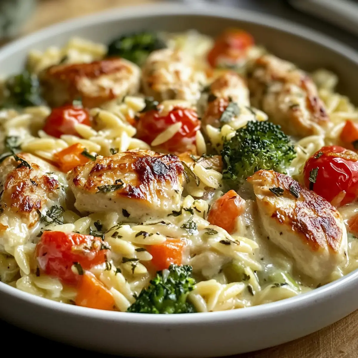 Boursin Orzo Bake: Creamy, One-Pan Dinner with Chicken & Veggies → Creamy Orzo Bake with Chicken and Veggies