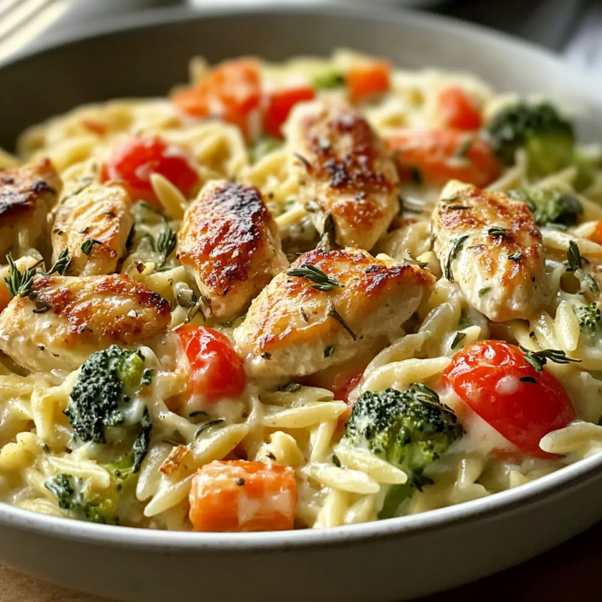 Boursin Orzo Bake: Creamy, One-Pan Dinner with Chicken & Veggies → Creamy Orzo Bake with Chicken and Veggies