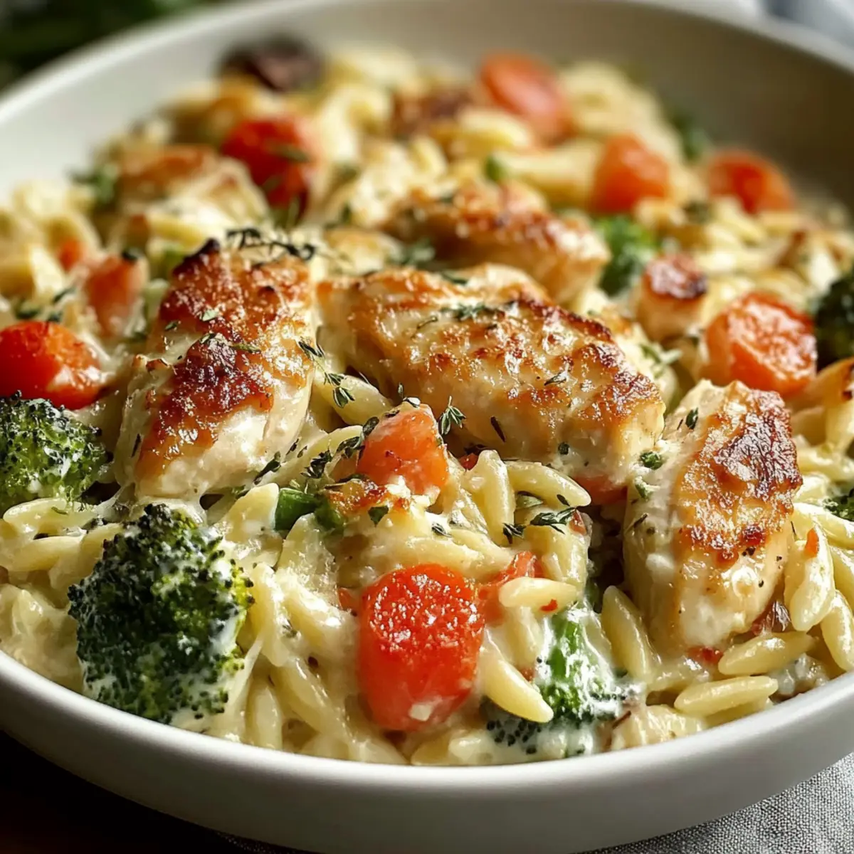 Boursin Orzo Bake: Creamy, One-Pan Dinner with Chicken & Veggies → Creamy Orzo Bake with Chicken and Veggies