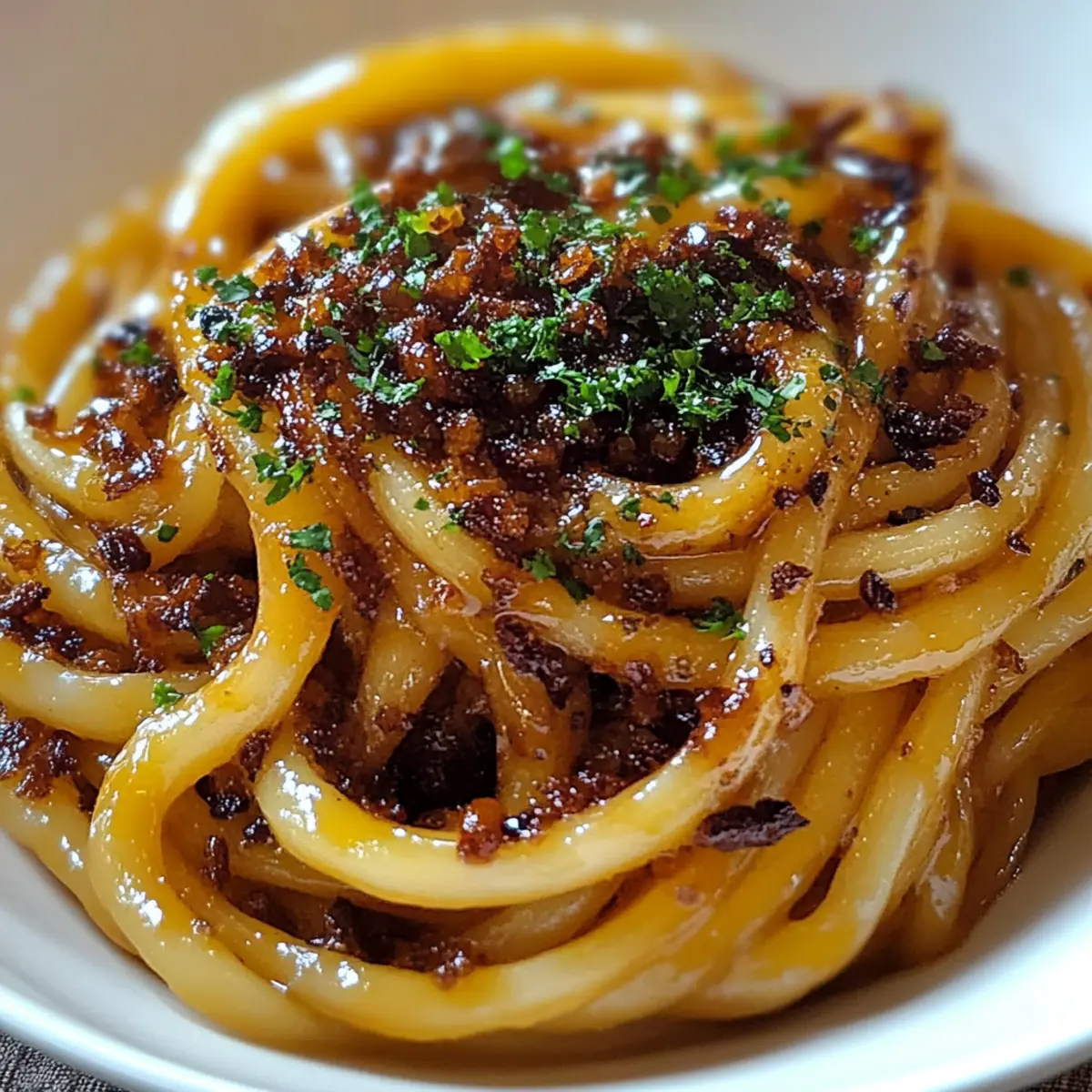 Caramelized Onion Pasta with Chilli Oil
