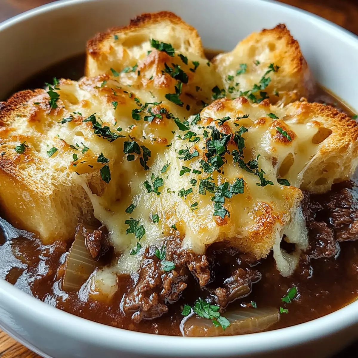French Onion Beef Stew with Cheesy Bread Topping
