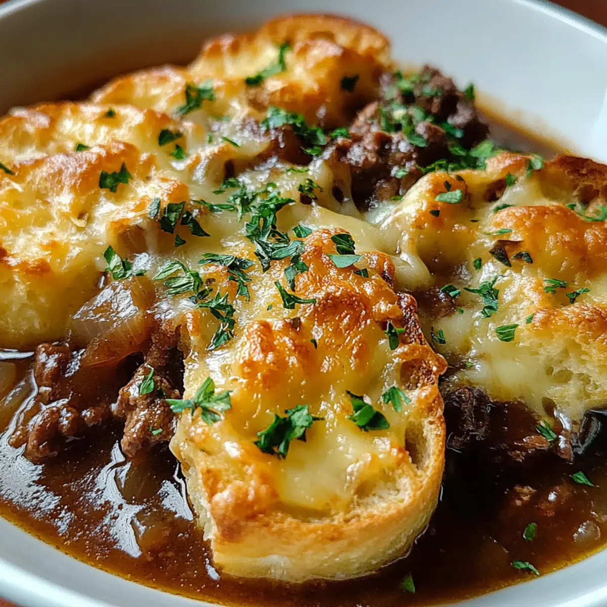 French Onion Beef Stew with Cheesy Bread Topping