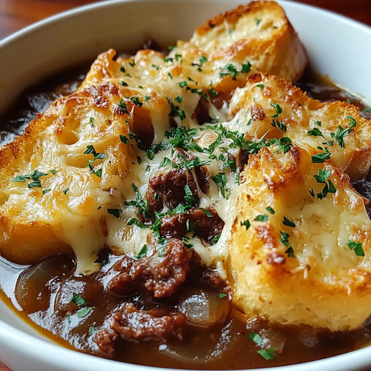 French Onion Beef Stew with Cheesy Bread Topping