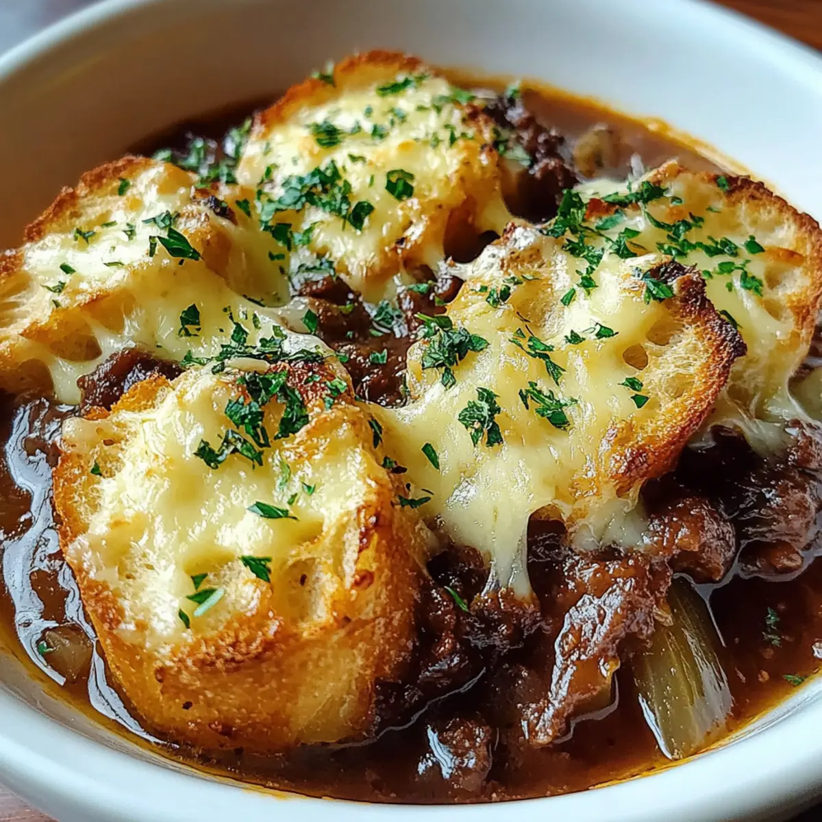 French Onion Beef Stew with Cheesy Bread Topping
