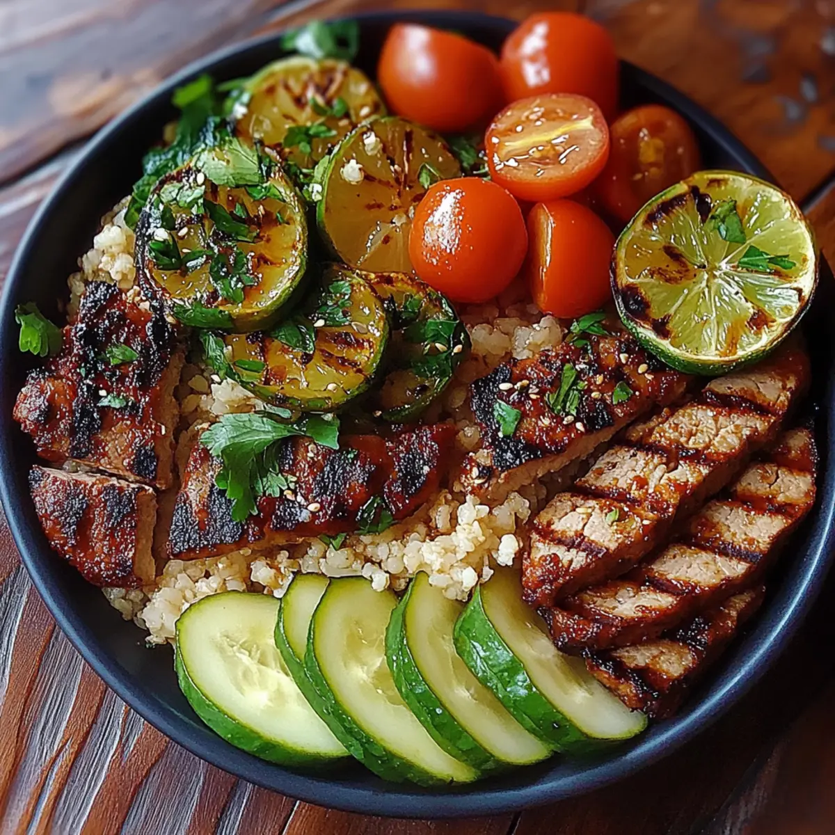 Grilled Steak Bowl with Sauce & Grilled Zucchini