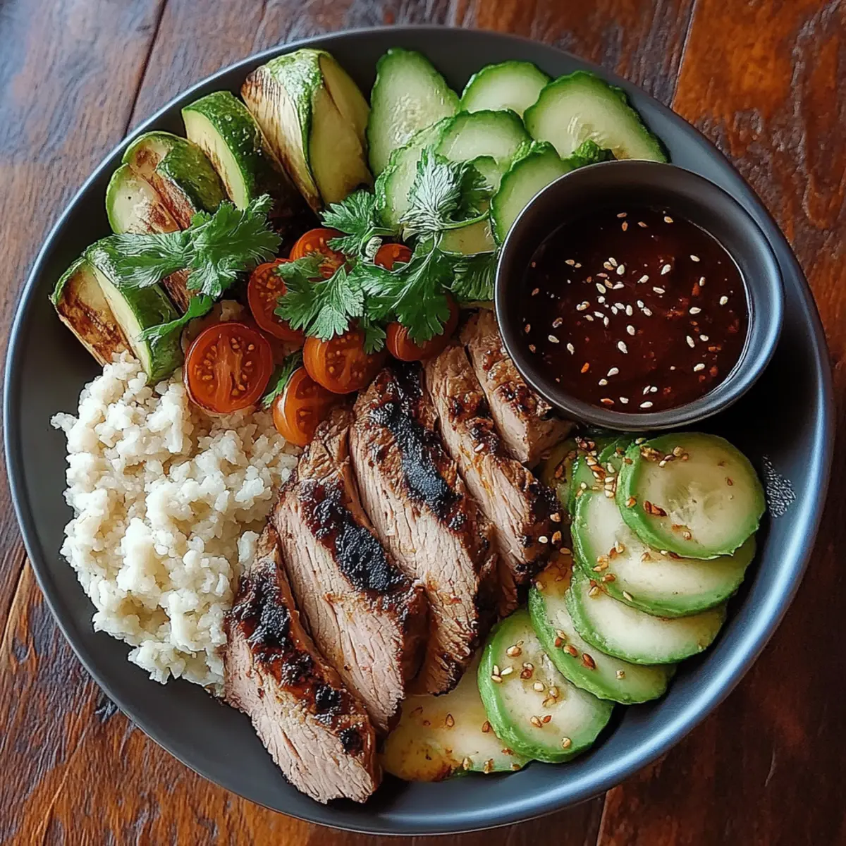 Grilled Steak Bowl with Sauce & Grilled Zucchini