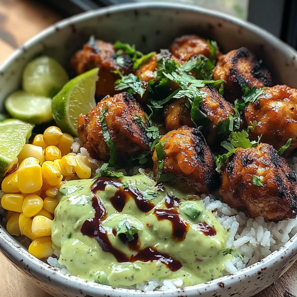 Barbecue Meatball Bowls with Avocado Goddess Sauce