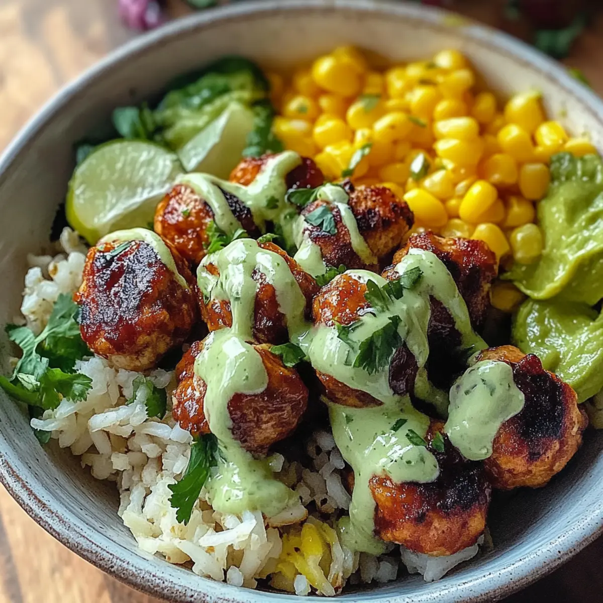 Barbecue Meatball Bowls with Avocado Goddess Sauce