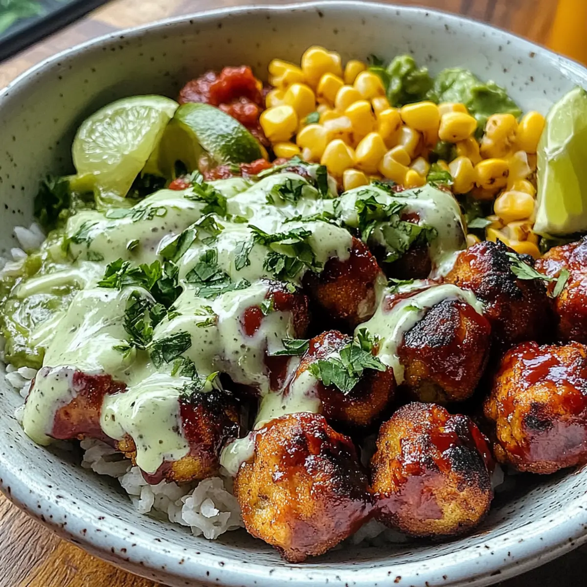 Barbecue Meatball Bowls with Avocado Goddess Sauce
