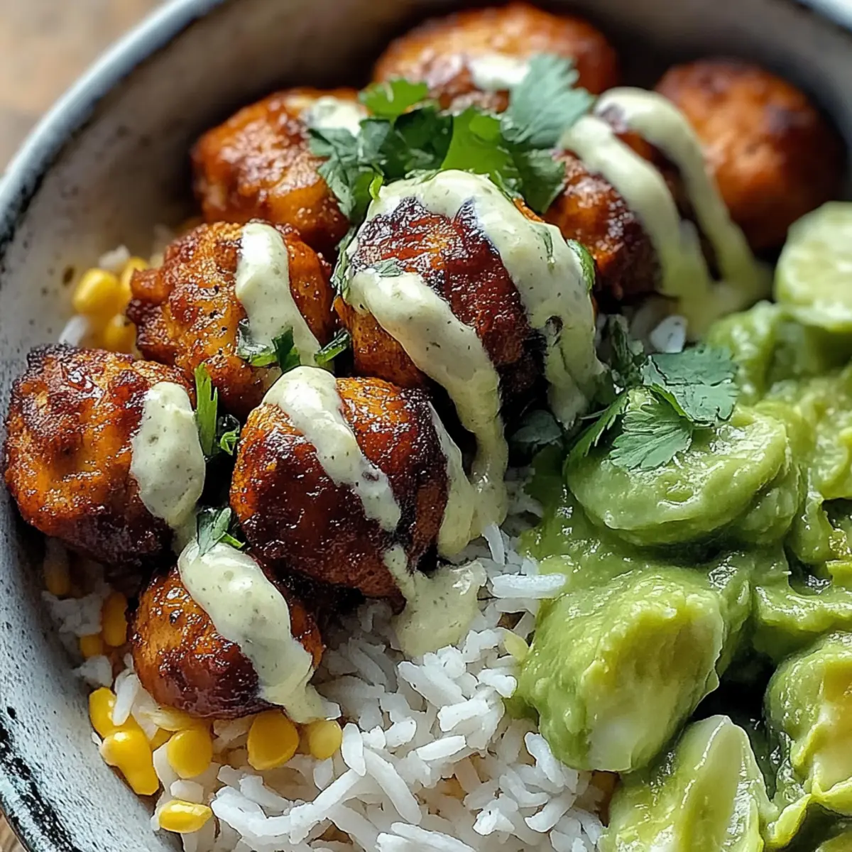 Barbecue Meatball Bowls with Avocado Goddess Sauce