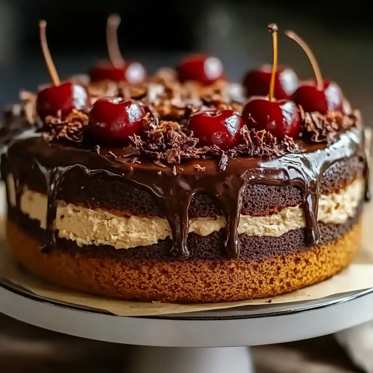 Black Forest-Inspired Chocolate Vanilla Cherry Mascarpone Layer Cake with Chocolate Ganache