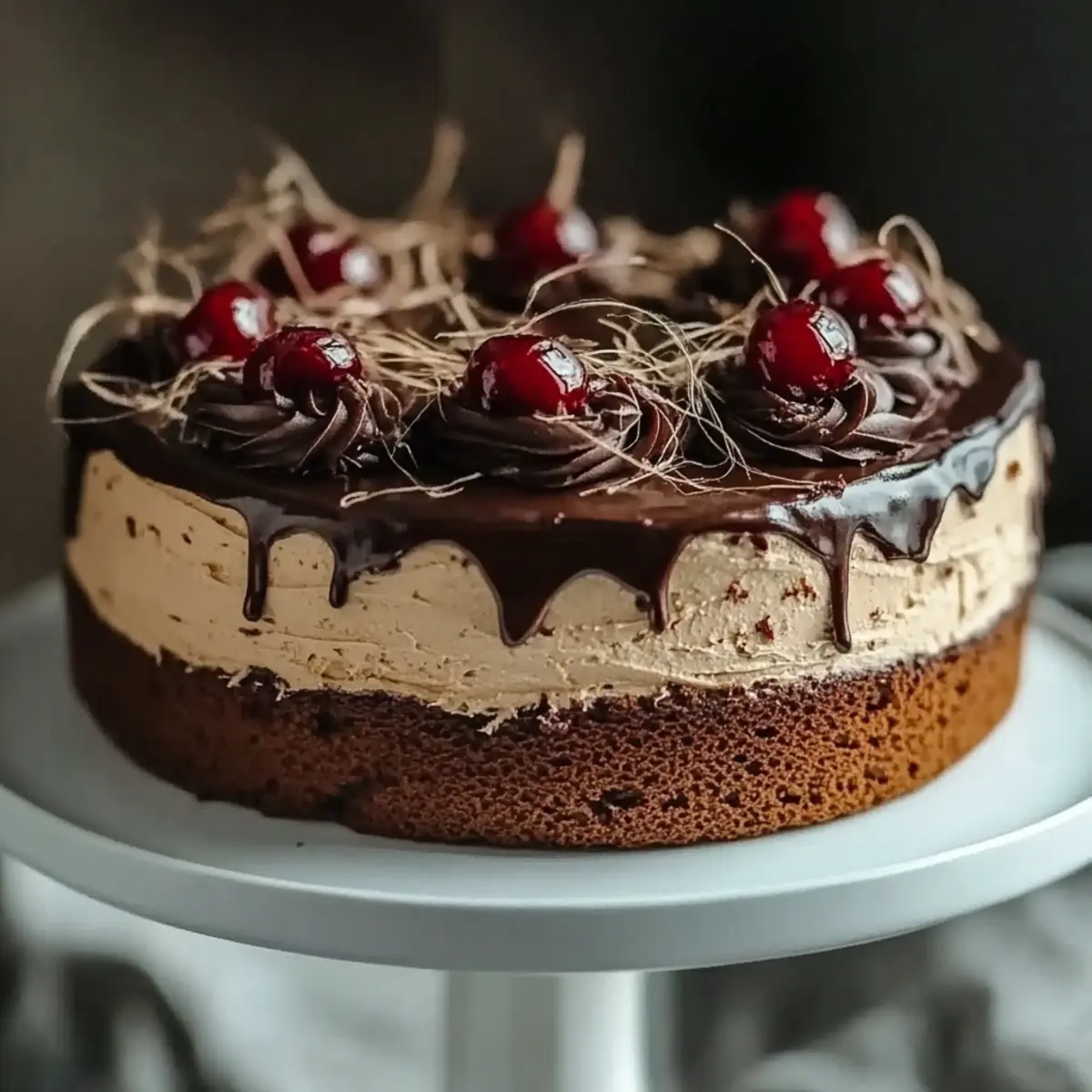 Black Forest-Inspired Chocolate Vanilla Cherry Mascarpone Layer Cake with Chocolate Ganache