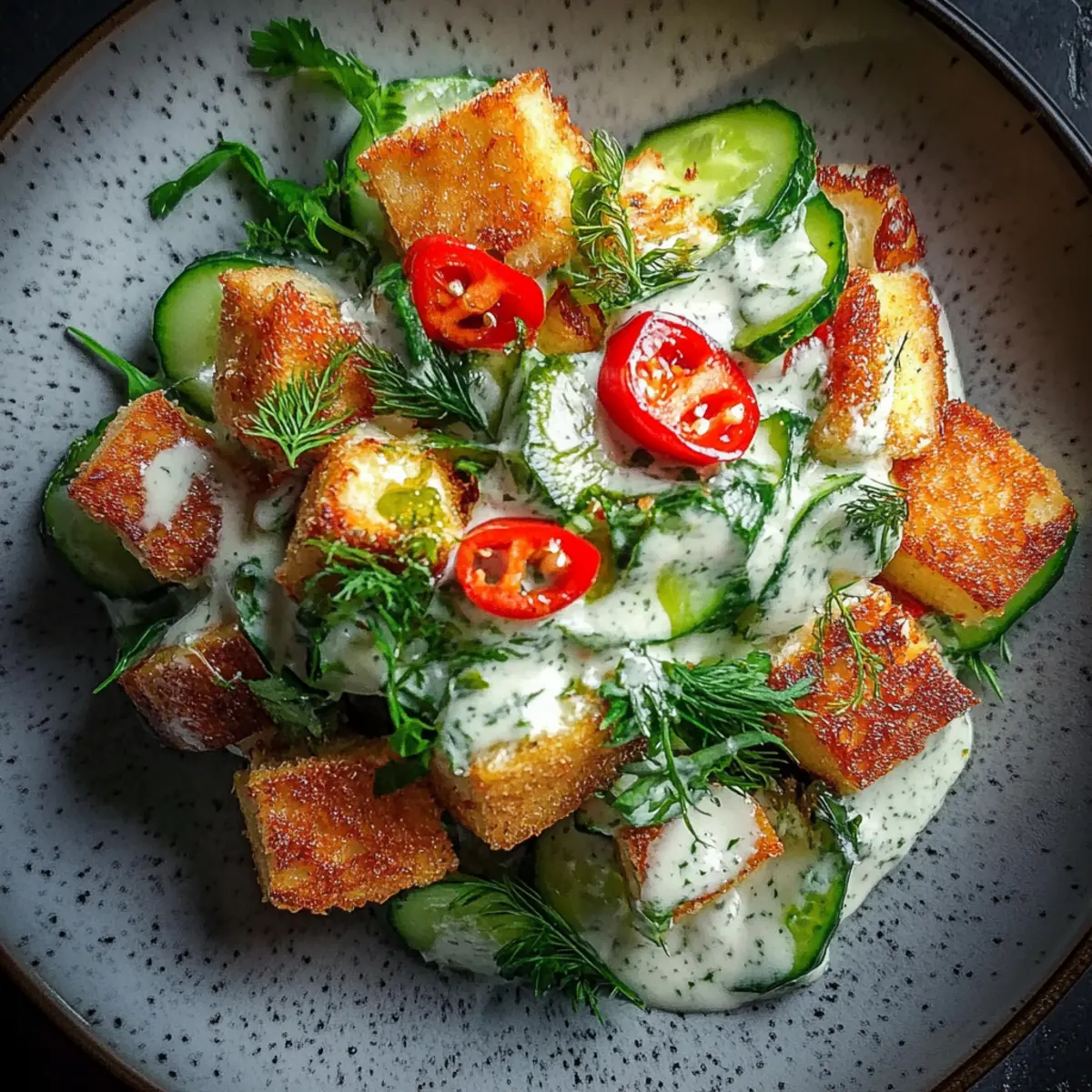 Creamy Asian Cucumber Salad with Crispy Tofu