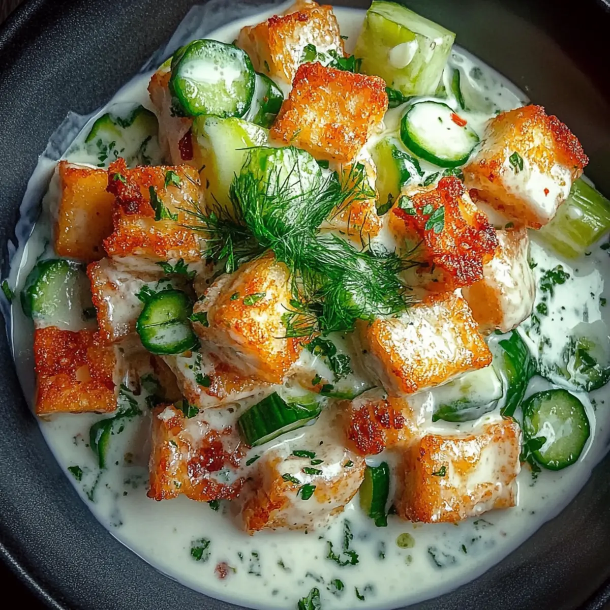 Creamy Asian Cucumber Salad with Crispy Tofu