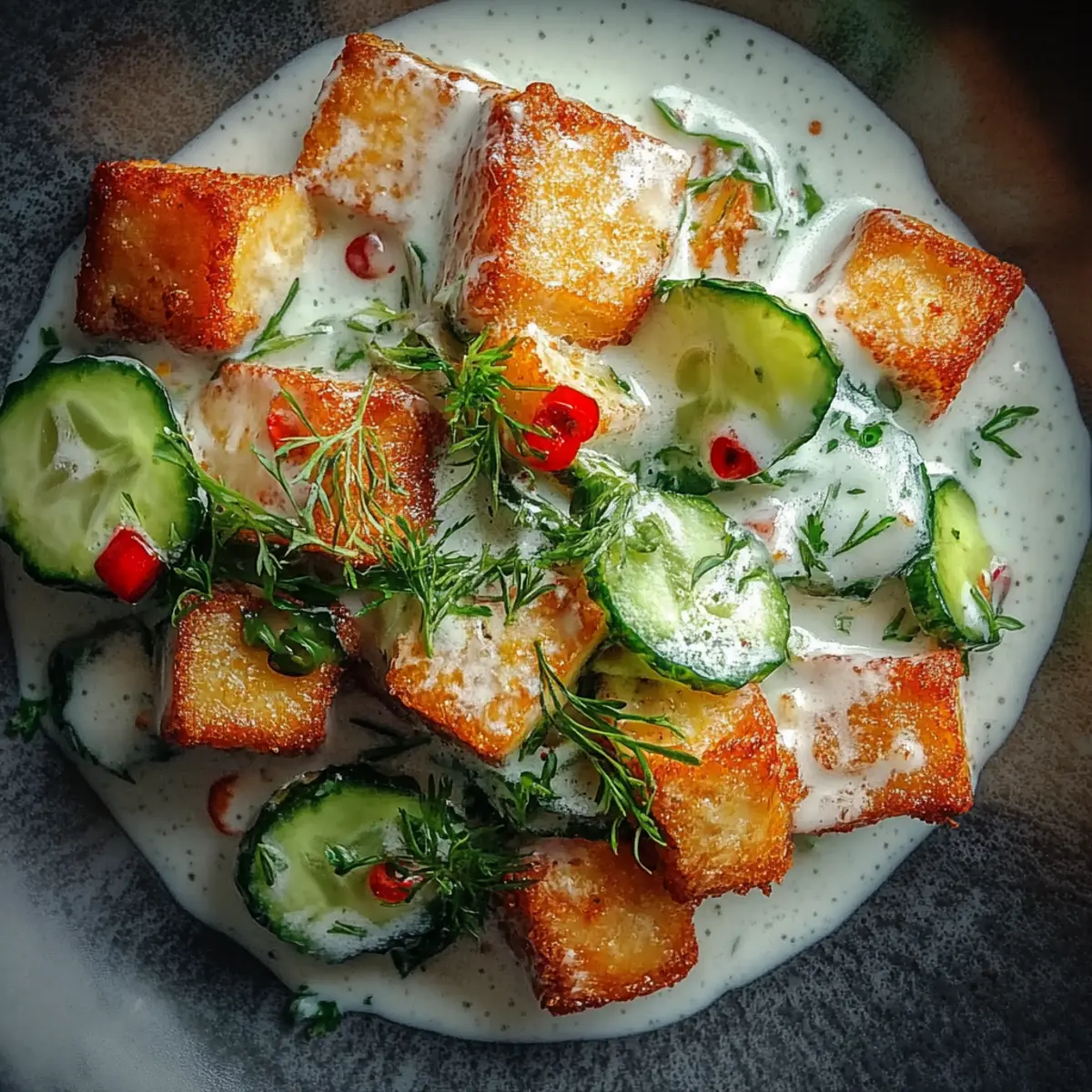 Creamy Asian Cucumber Salad with Crispy Tofu