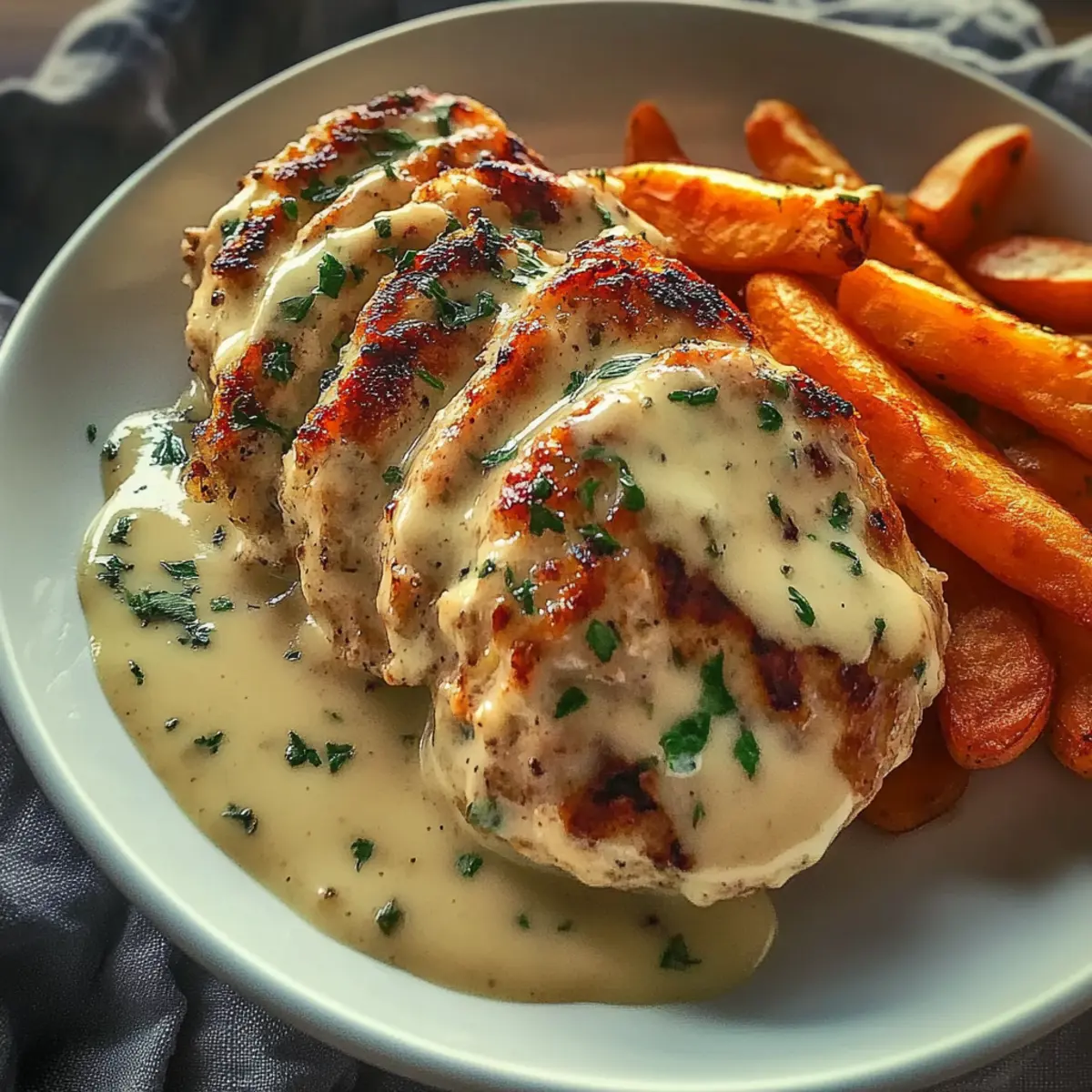 Creamy Herb Chicken with Mashed Potatoes and Glazed Carrots