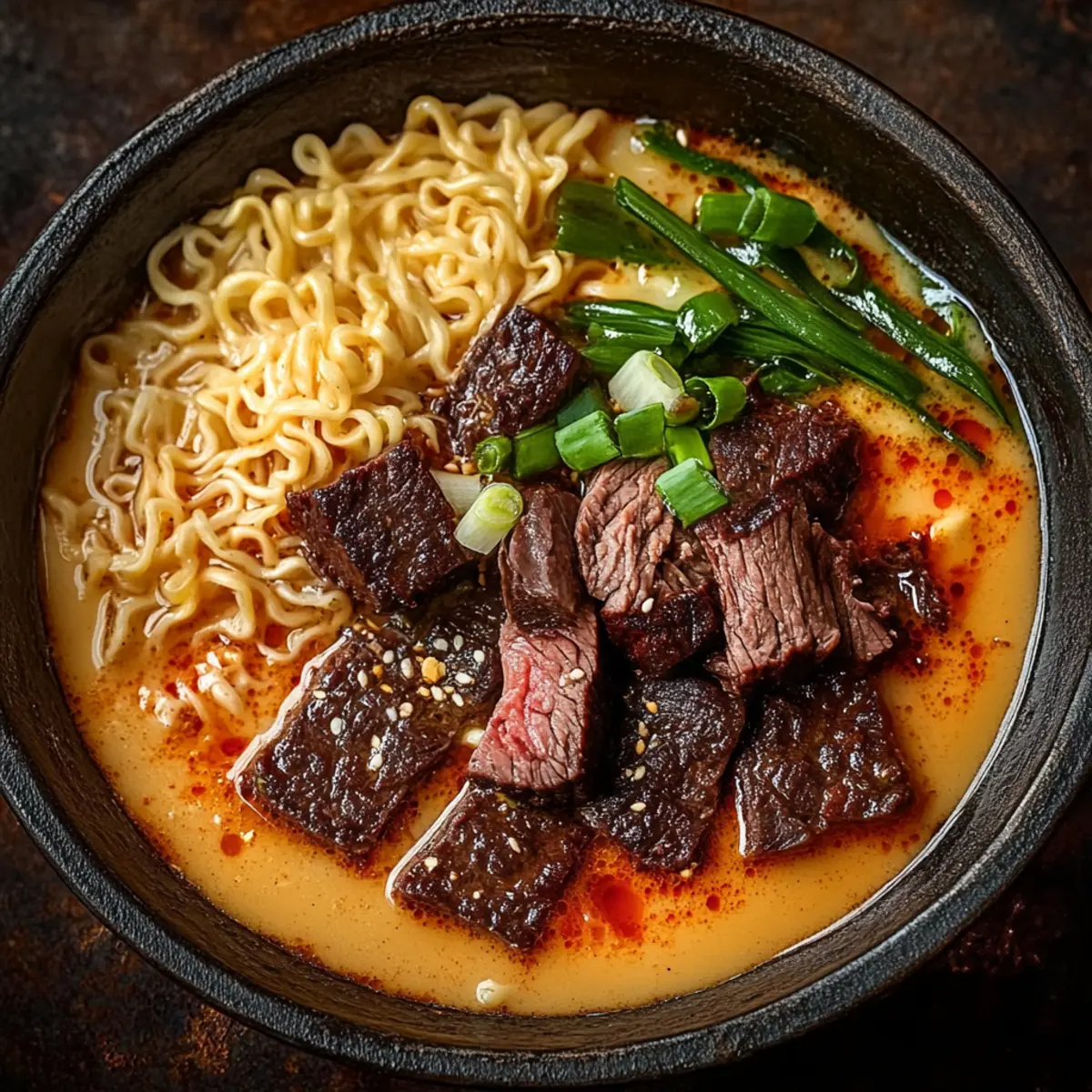 Spicy Korean Ramen with Grilled Beef and Creamy Sauce