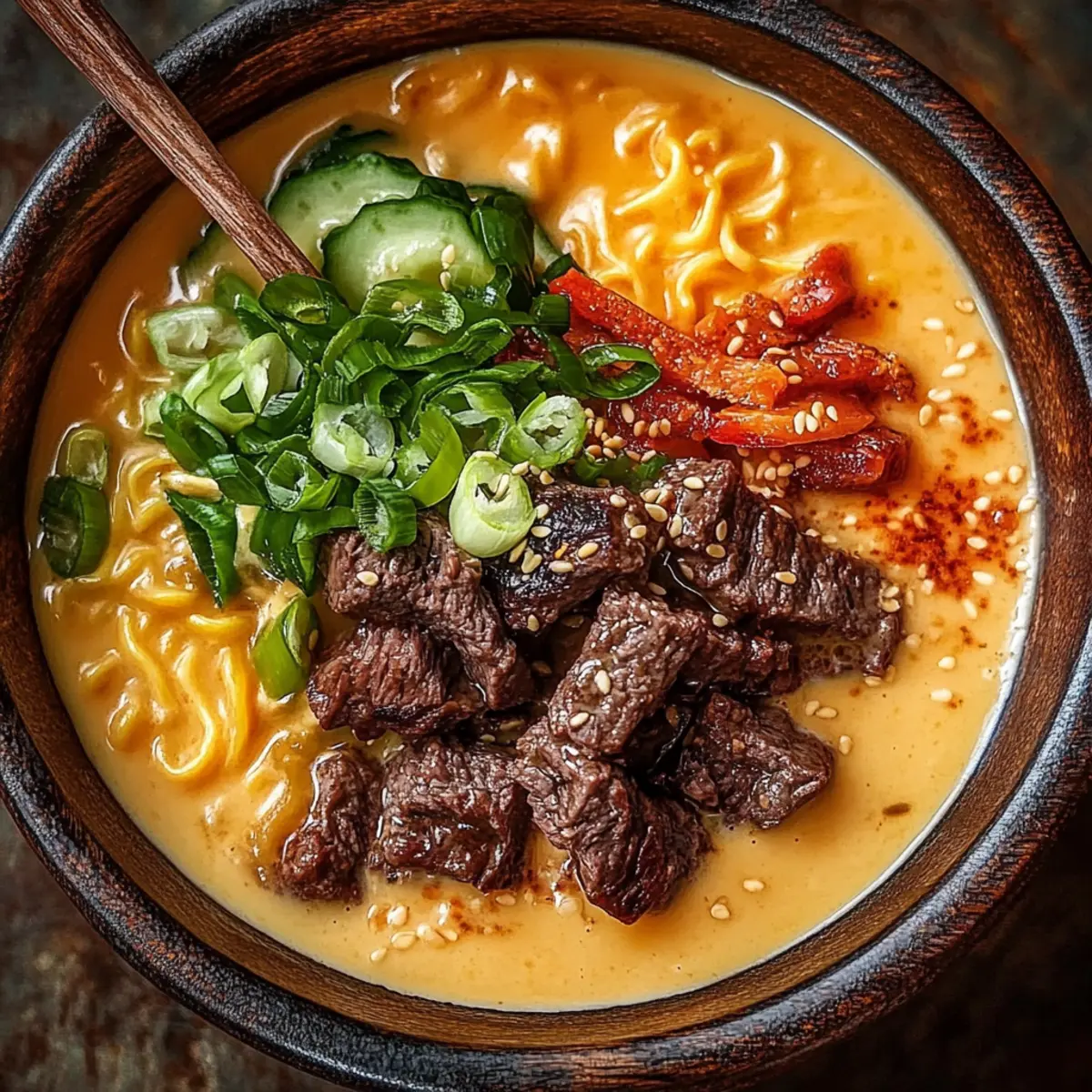 Spicy Korean Ramen with Grilled Beef and Creamy Sauce