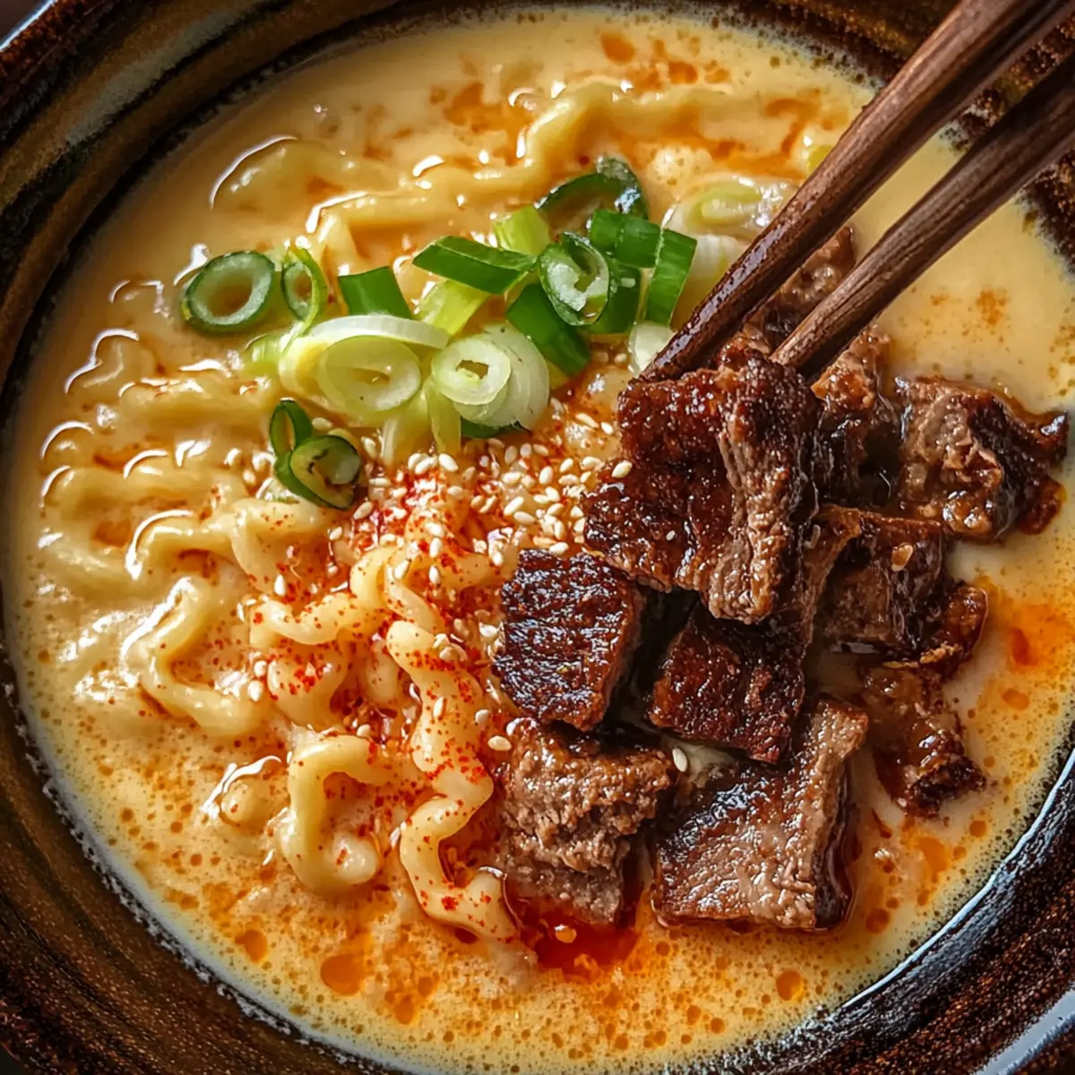 Spicy Korean Ramen with Grilled Beef and Creamy Sauce