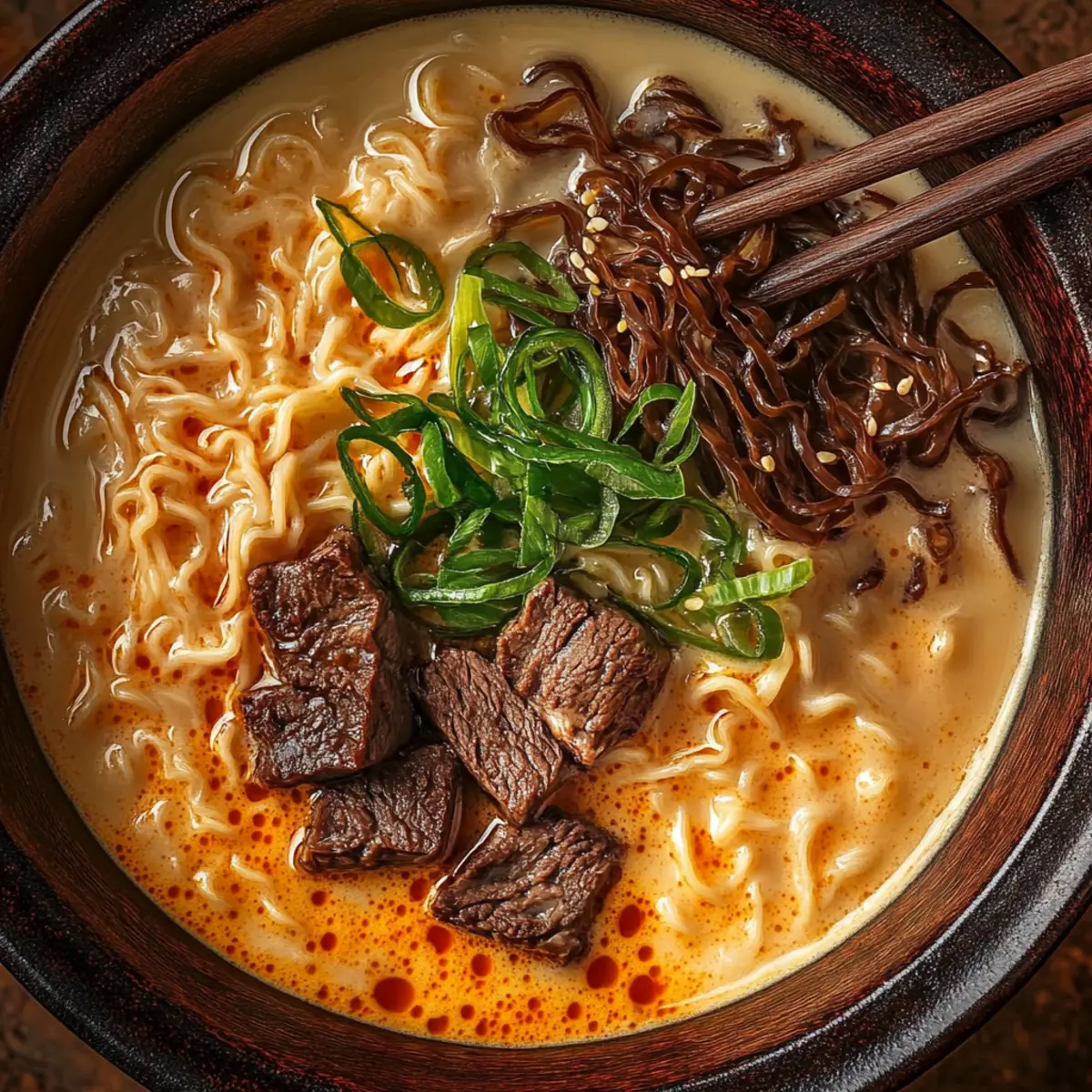 Spicy Korean Ramen with Grilled Beef and Creamy Sauce